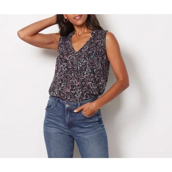 Evereve Roan + Ryan XS Black Pink Arlo Smocked Sleeveless Top Floral Print Vneck - Picture 8 of 9